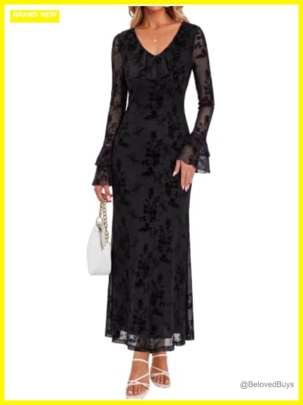 Long Sleeve Floral Bodycon Maxi Dress Ruffle V Neck Wedding Guest Formal